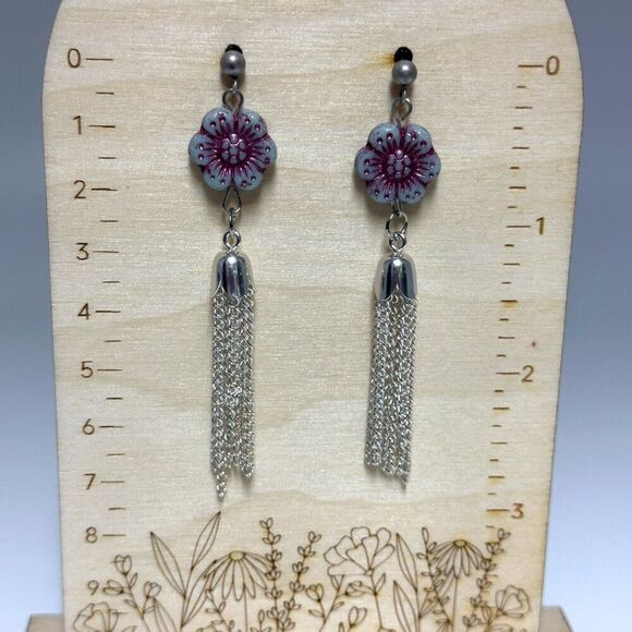 Wild Rose Flower Chain Tassel Earrings Stainless Steel Posts - Picture 2 of 10